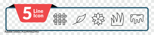 Foto outline nature icons set - picket fence, orange leaf, grass leaves, melting