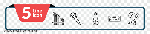 Fotografie outline music and media icons set - panpipe, hand mic, synthesizer, octave clef