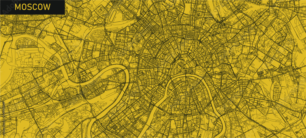 Fototapeta premium Street map view of Moscow City isolated on Yellow background.