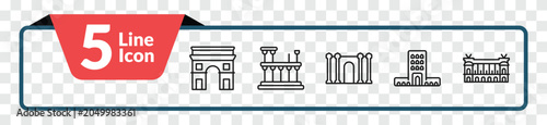 Foto outline monuments icons set - arc of triomphe, roman theatre of merida, monumental building, palais garnier