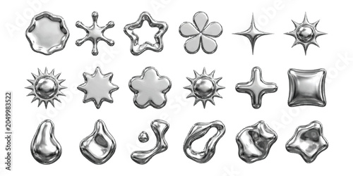 Set of shiny liquid metal shapes and stars in chrome silver finish