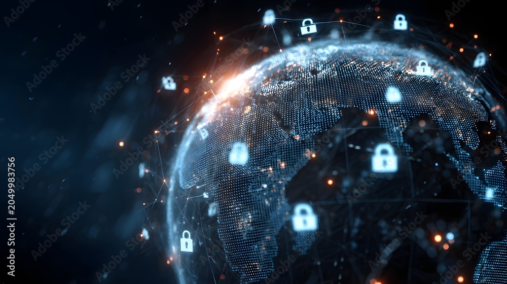 Fototapeta premium Digital earth globe surrounded by security padlocks, representing global cybersecurity and data protection systems.