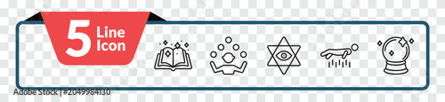 Foto outline magic icons set - magic book, juggler, levitation, crystal ball