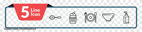 Фотография outline kitchen icons set - sugar sifter, cupcake, soup bowl, liquid soap