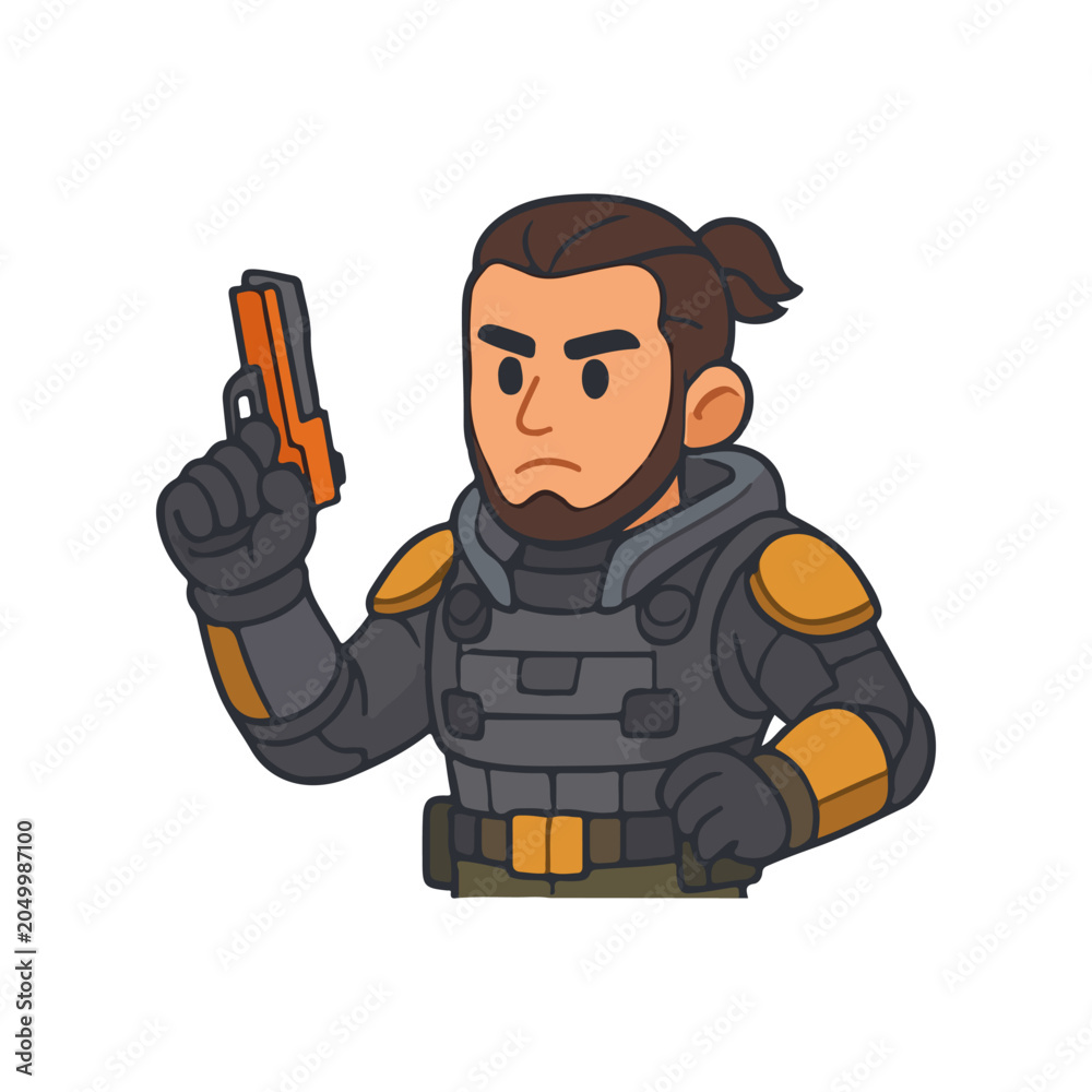 Naklejka premium Serious soldier raising gun. Tactical commando holding pistol. Military fighter ready for action.