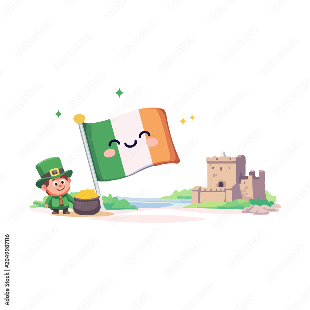 Fototapeta premium Ireland Flag Cute Illustration With Leprechaun And National Symbols. Irish Culture Cartoon Design Featuring Flag Pot Of Gold And Historic Castle