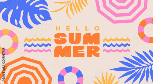 Hello summer, beach holiday vibe. Greeting summer with top view on beach with tropical leaves and beach umbrellas. Design for sales, invitations, posters,flyers, web, covers, ads.Vector illustration