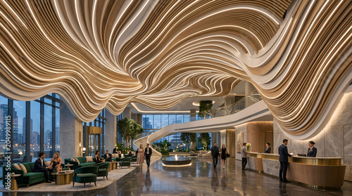 Parametric wave ceiling structure flowing across a luxury lobby, organic curves, integrated LED strips, futuristic architecture, premium materials.