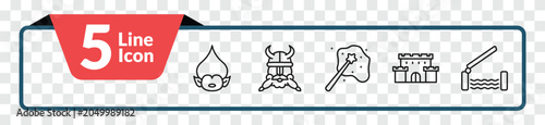 Fotografia outline fairy tale icons set - troll, dwarf, castle, drawbridge