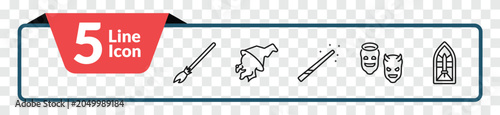 Photography outline fairy tale icons set - broomstick, witch, antagonist, stained glass