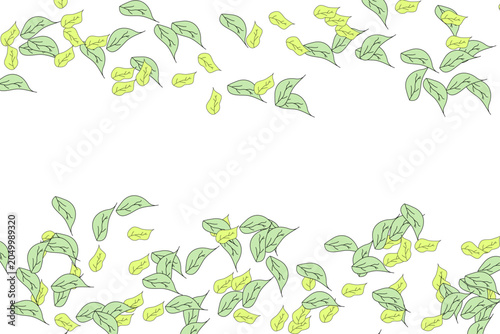 Green falling leaves frame border background. Cute hand drawn foliage vector design element with isolated transparent background EPS file.