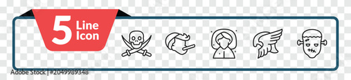 Foto outline fairy tale icons set - jolly roger, pinocchio, valkyrie, frankenstein