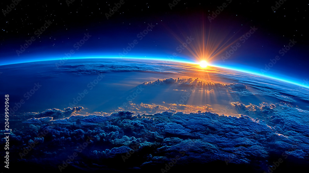 Fototapeta premium Solar sunrise over earth showing clouds and ocean from space orbit with atmosphere
