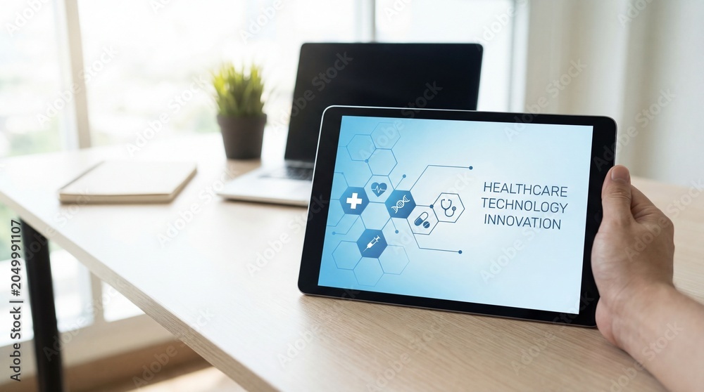 Fototapeta premium Healthcare Technology Innovation on Tablet Screen in Modern Office.