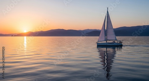 A beautiful sunset scene over the sea with a sailboat silhouette casting a long reflection on the golden water