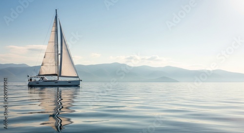A sailboat on clear rippling water with a beautiful layered mountain range fading into the hazy background