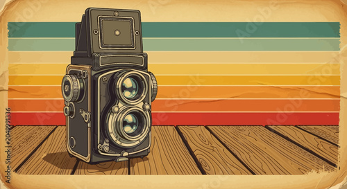 Schilderij op canvas Retro Twin Lens Reflex Camera on Vintage Wooden Surface with Colorful Stripes