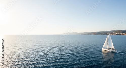 A white sailing yacht with raised sails cruising on dark blue open water under a bright sunlit sky near a faraway coast.