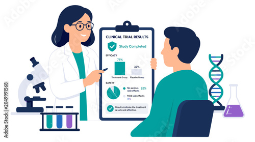 Scientist researcher presenting laboratory results to patient in clinic.