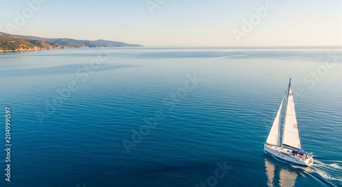 A beautiful white sailing yacht with full sails open cruising in the calm blue open sea near a hilly coast during sunset
