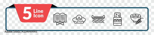 Photography outline culture icons set - quran book, meat pie, turron, ajoblanco