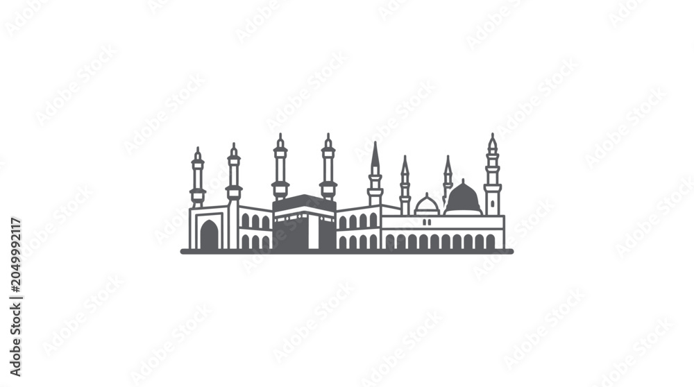Fototapeta premium A detailed line art illustration of the Masjid al-Haram and the Kaaba in Mecca.