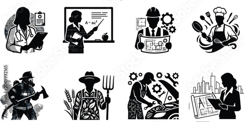 Schilderij op canvas Professional Occupation Silhouette Icons Collection Featuring Healthcare Educati