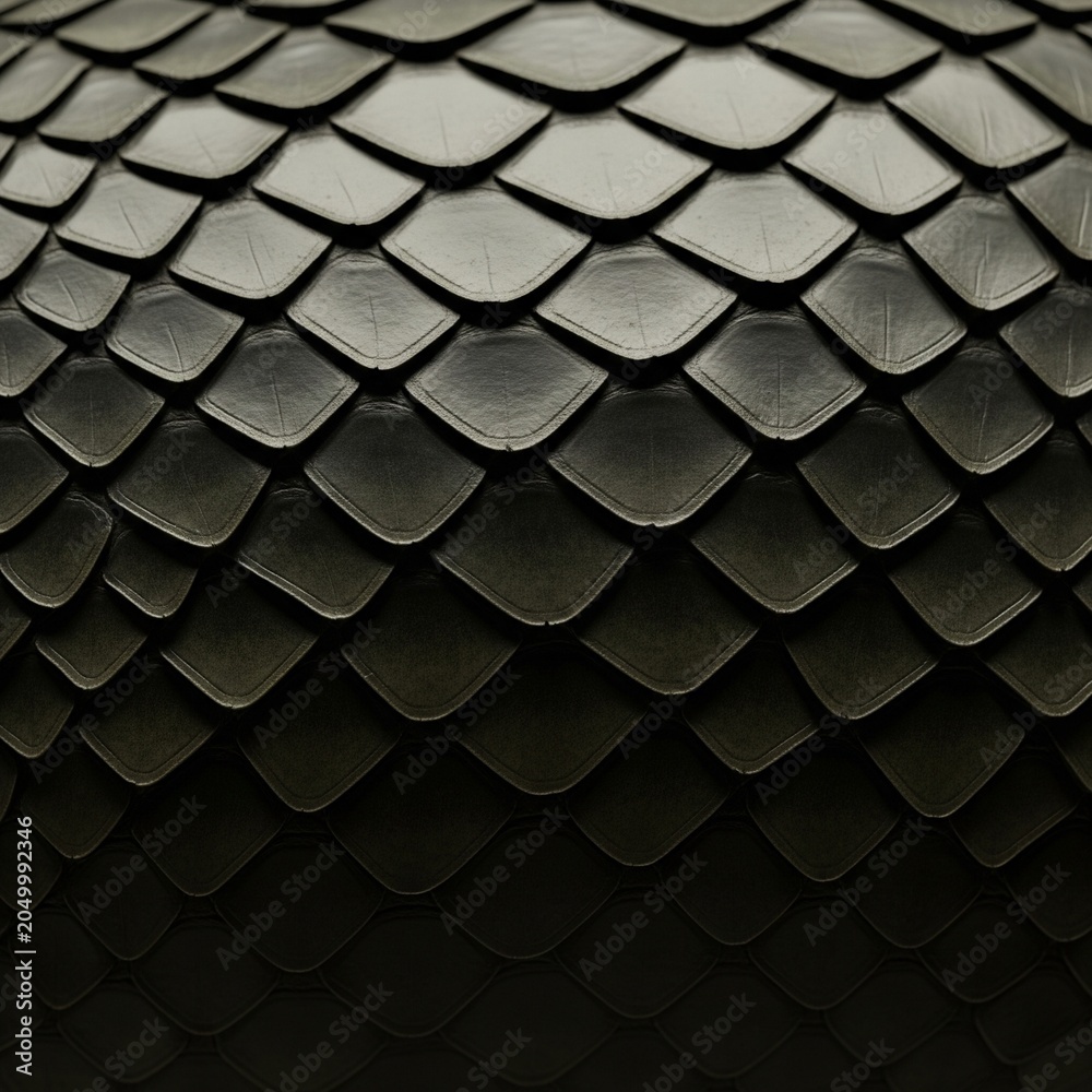 Fototapeta premium Abstract geometric pattern of overlapping dark gray scales, resembling reptile skin or armor plating
