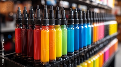 Colorful Tattoo Ink Bottles Display In Shop.