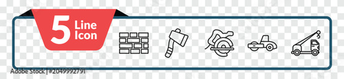 Fotografi outline construction icons set - birck wall, inclined ax, road roller, crane truck