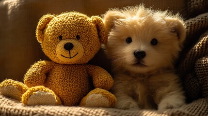 Cute Puppy Sitting Next To A Teddy Bear.