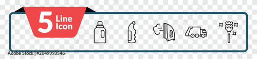 Photos outline cleaning icons set - softener, bleach, garbage truck cleanin, feather duster
