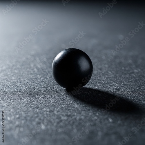 A simple black matte sphere casting a soft shadow on a textured grey background. Minimalist and clean aesthetic, close-up shot.
