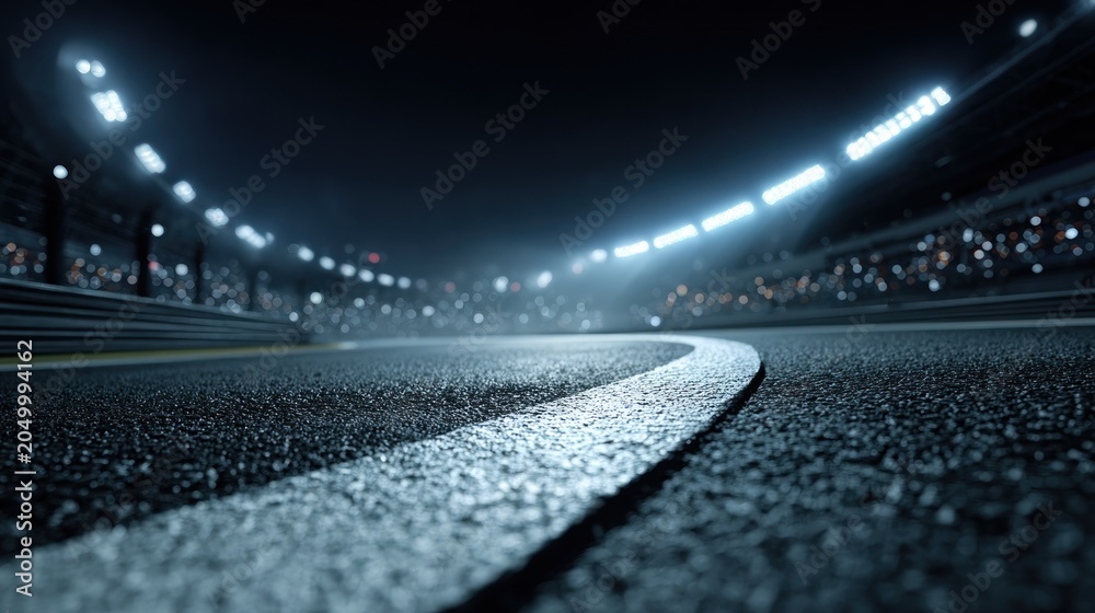 Obraz premium Empty professional racetrack illuminated by stadium lights at night