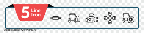 Foto outline car parts icons set - car silencer, car lock, wheel brace, spare wheel