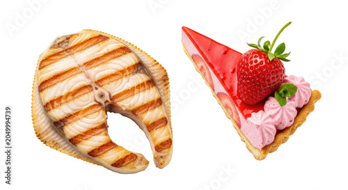 Grilled Salmon Steak And Strawberry Tart Slice With Cream On Transparent Background