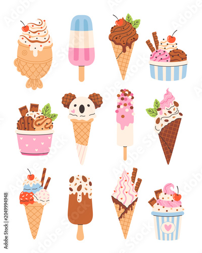 Various ice cream with waffle cones, popsicles, gelato, frozen desserts. Sweet summer treats. Perfect for summer menu, kids design, cafe promotions, prints, and stickers. Flat vector illustration
