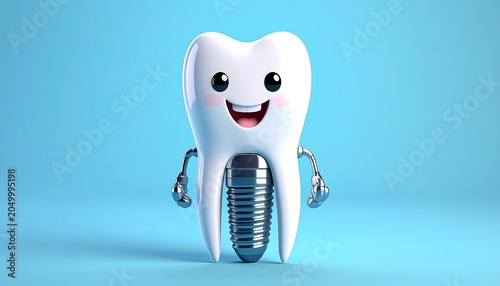 A cheerful white tooth with a metal implant and smiling face