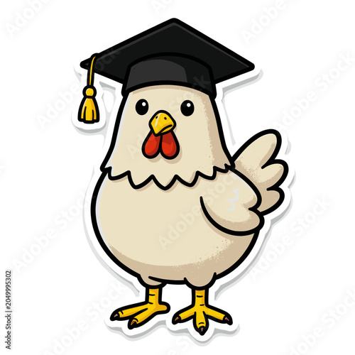 Cartoon Chicken Wearing Graduation Cap Standing on White Background