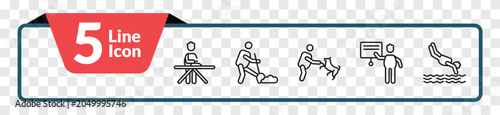 outline behavior icons set - man ironing, man digging, presentation whiteboard, headfirst to water. editable vector for web and mobile ui