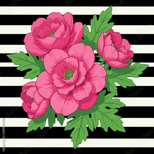 Pink Anemone Flowers with Green Leaves on Black and White Striped Background