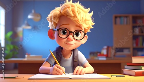 A cheerful young boy with glasses writing in a notebook at a desk