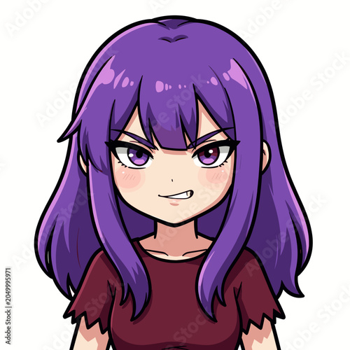 Purple-Haired Anime Girl Smiling in Cartoon Illustration