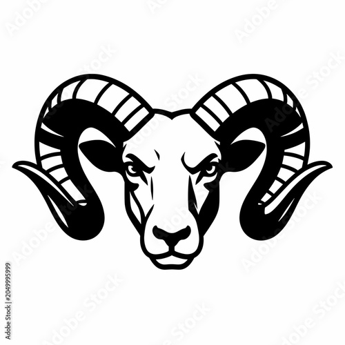 Ram Head Illustration with Large Curved Horns on White Background