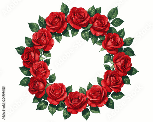 Red Rose Wreath with Green Leaves on White Background
