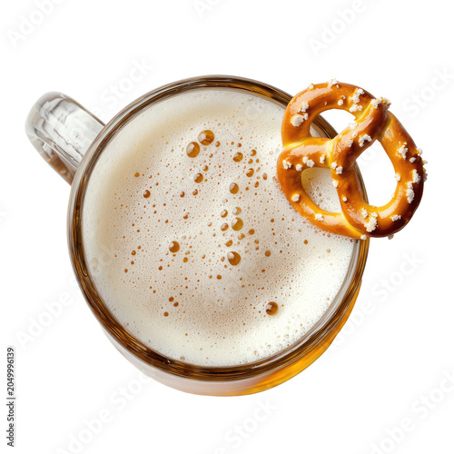 Overhead View Of Beer In A Glass With Pretzel Beside Isolated On Transparent Background