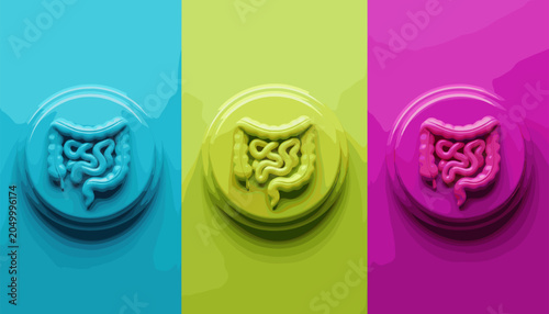 Three Colorful Intestine Icons on Vibrant Background