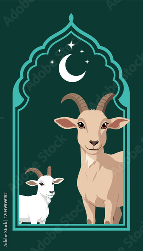 Two Goats Standing under Crescent Moon in Ornate Archway Frame