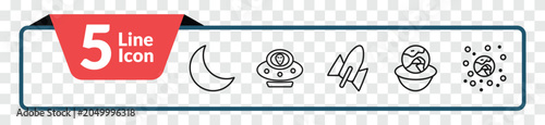 Foto outline astronomy icons set - big moon, alien with aqualung, relativity, space junk