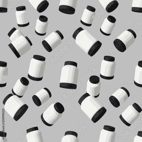White and Black Pill Bottles Floating in Midair Against Gray Background